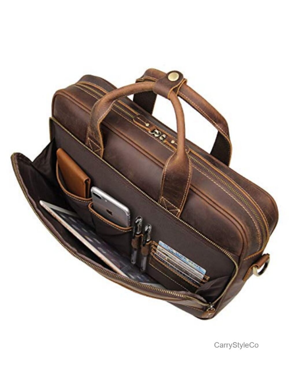 Full-Grain Leather Briefcase 16 Inch YKK Zipper Padded Laptop Compartment Men